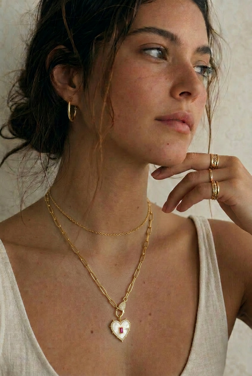 Model wearing layered fine gold and tennis necklaces from Saint Eva